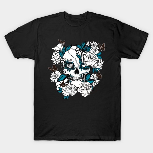 Skull Line Drawing with Butterflies and Flowers in Blue and Black T-Shirt by BigBridgeStudios